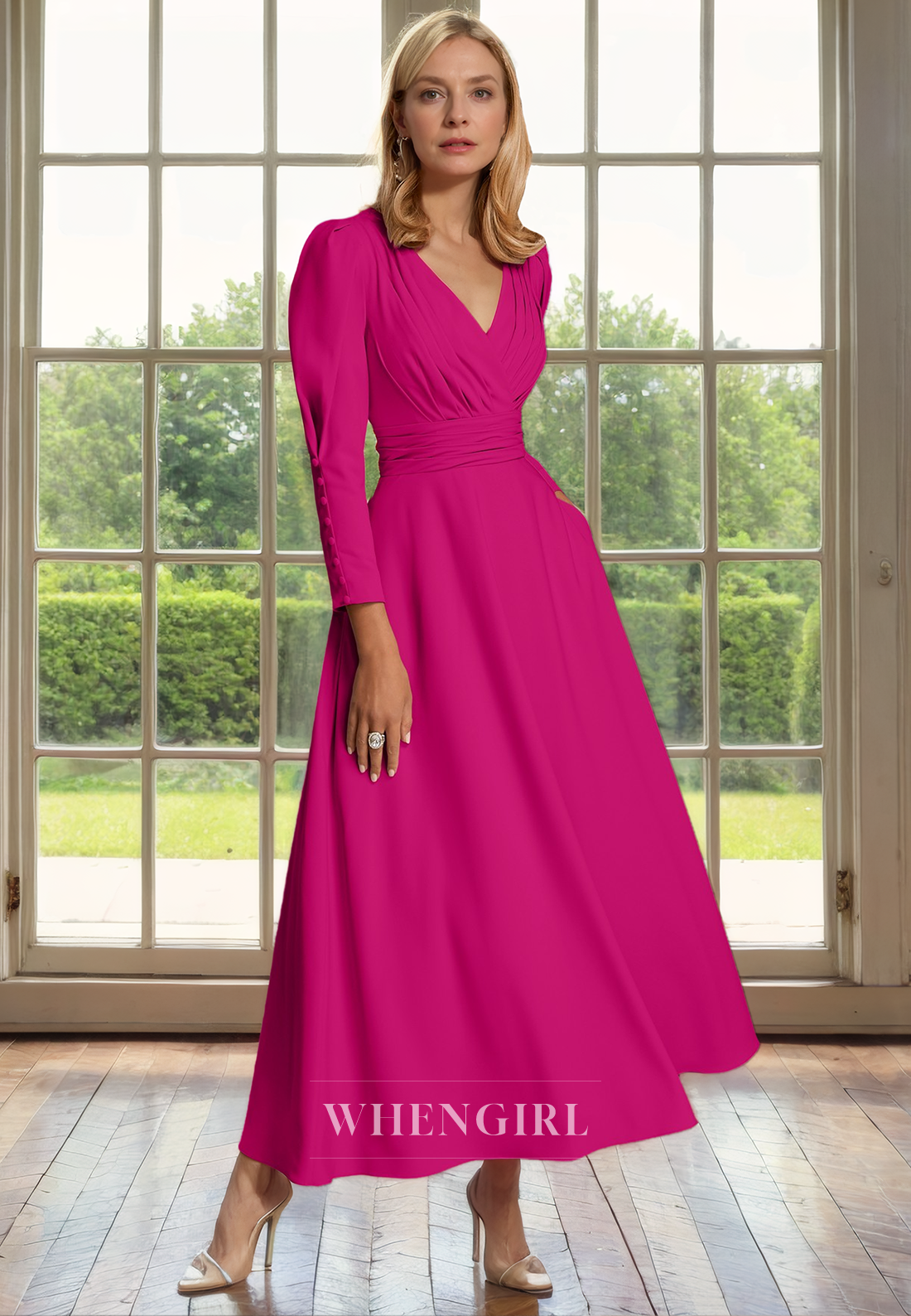 A-Line V Neck Long Sleeves Pleated Tea Length Chiffon Mother of Bride Dress