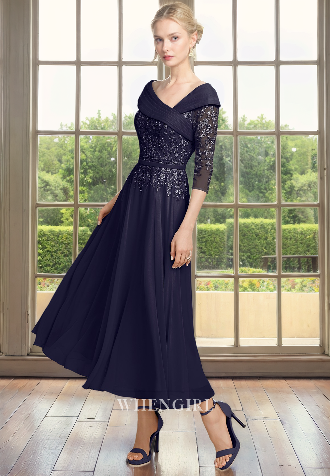 A-Line Off Shoulder 34 Length Sleeves Lace Appliques Pleated Tea Length Mother of Bride Dress
