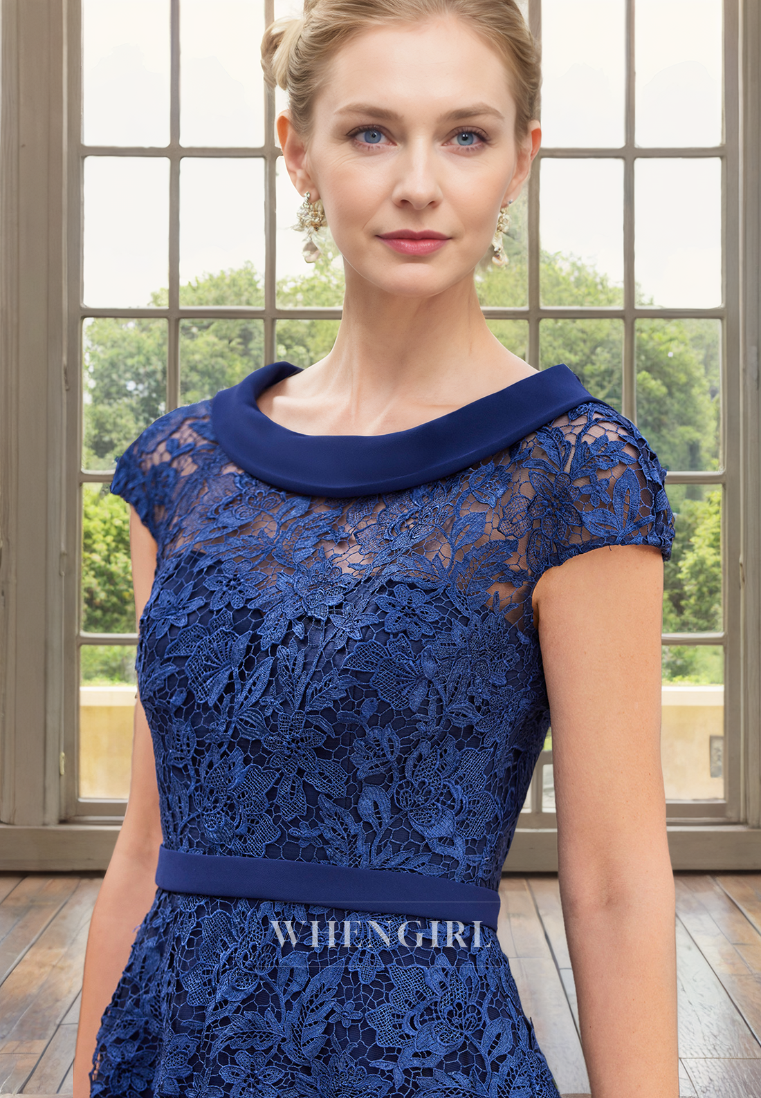 A-Line Scoop Neck Short Sleeves Lace Appliques Tea Length Mother of Bride Dress