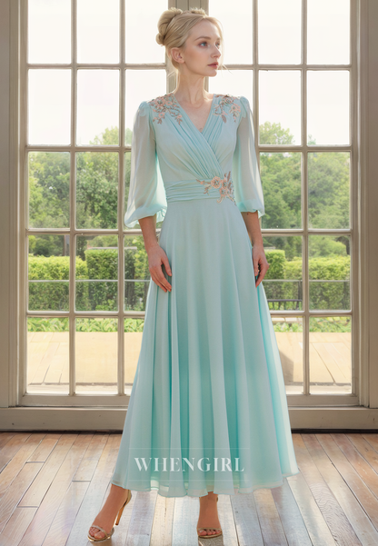 A-Line V Neck 34 Length Sleeves Pleated Appliques Tea Length Chiffon Mother of Bride Dress