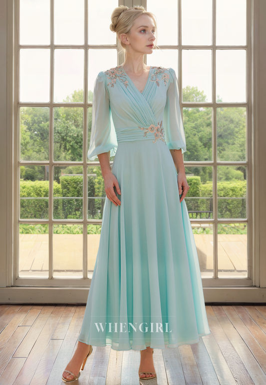 A-Line V Neck 34 Length Sleeves Pleated Appliques Tea Length Chiffon Mother of Bride Dress