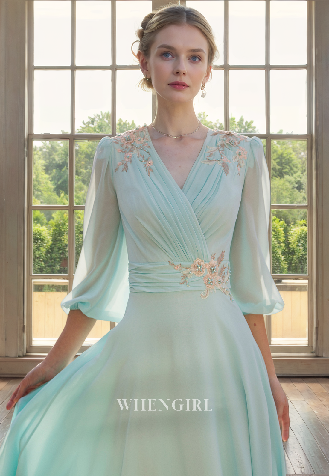 A-Line V Neck 34 Length Sleeves Pleated Appliques Tea Length Chiffon Mother of Bride Dress