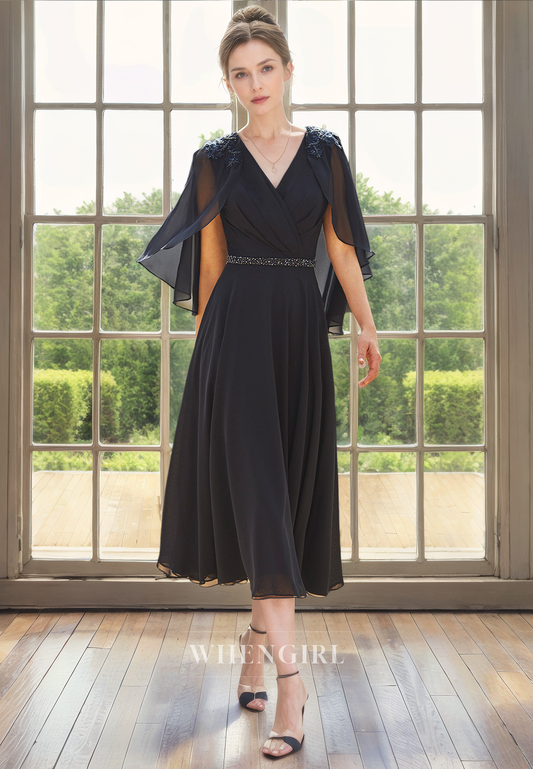 A-Line V Neck Sleeveless Pleated Beaded Tea Length Mother of Bride Dress