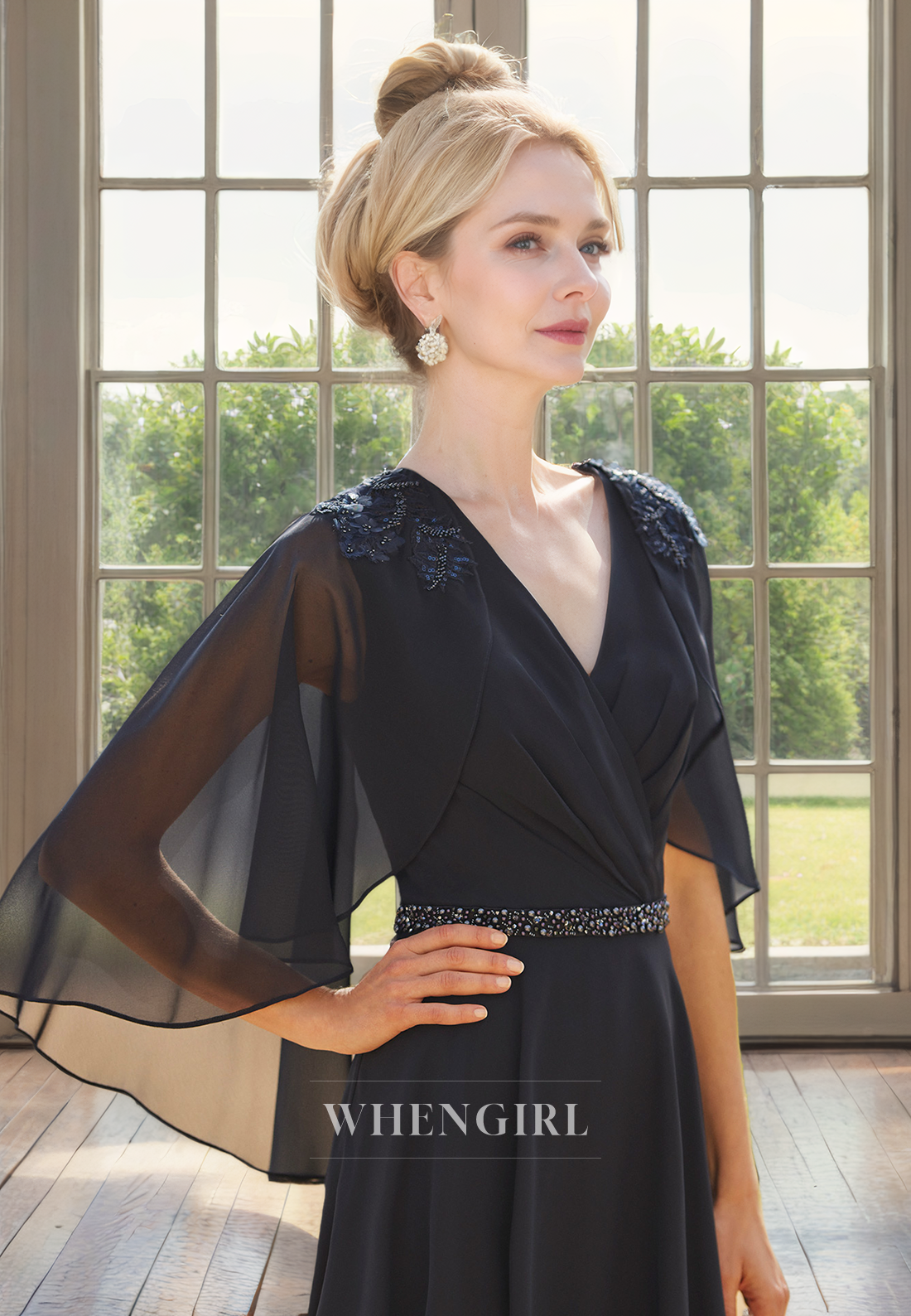 A-Line V Neck Sleeveless Pleated Beaded Tea Length Mother of Bride Dress