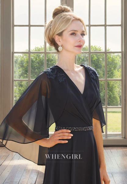 A-Line V Neck Sleeveless Pleated Beaded Tea Length Mother of Bride Dress