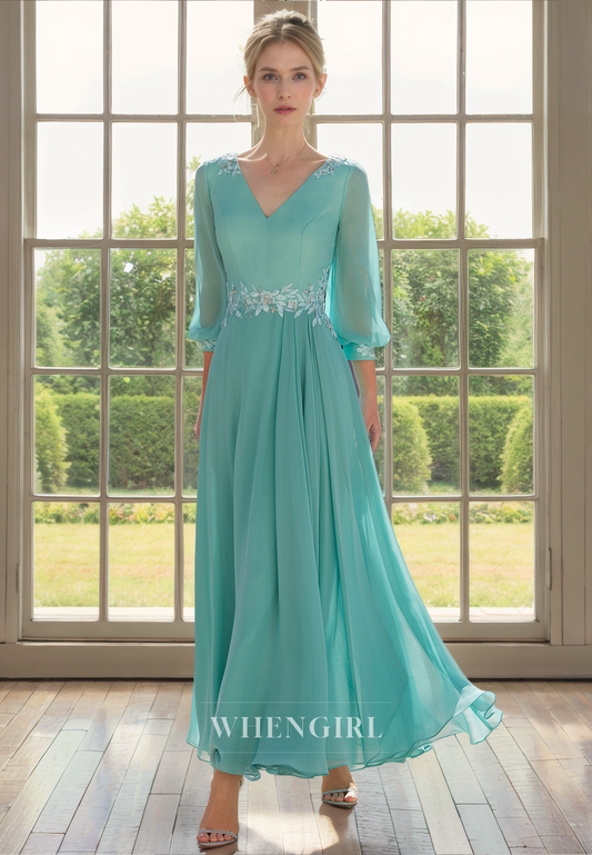 A-Line V Neck 34 Length Sleeves Beaded Pleated Chiffon Mother of Bride Dress