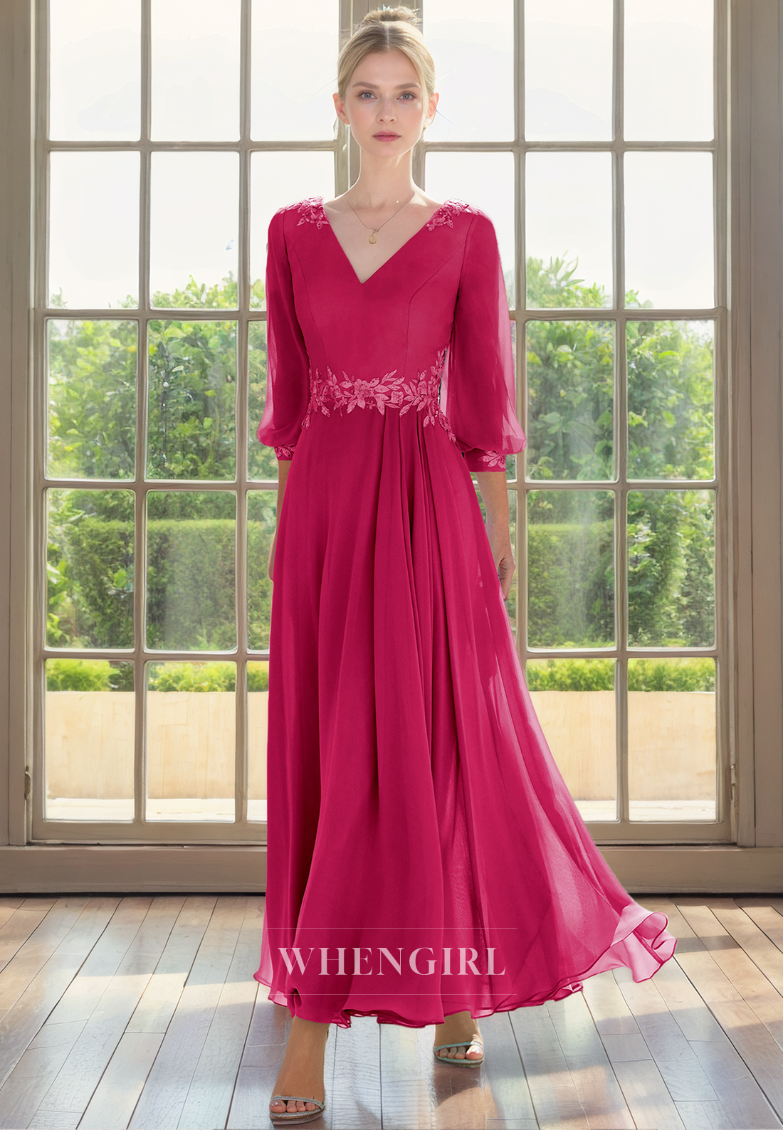 A-Line V Neck 34 Length Sleeves Beaded Pleated Chiffon Mother of Bride Dress