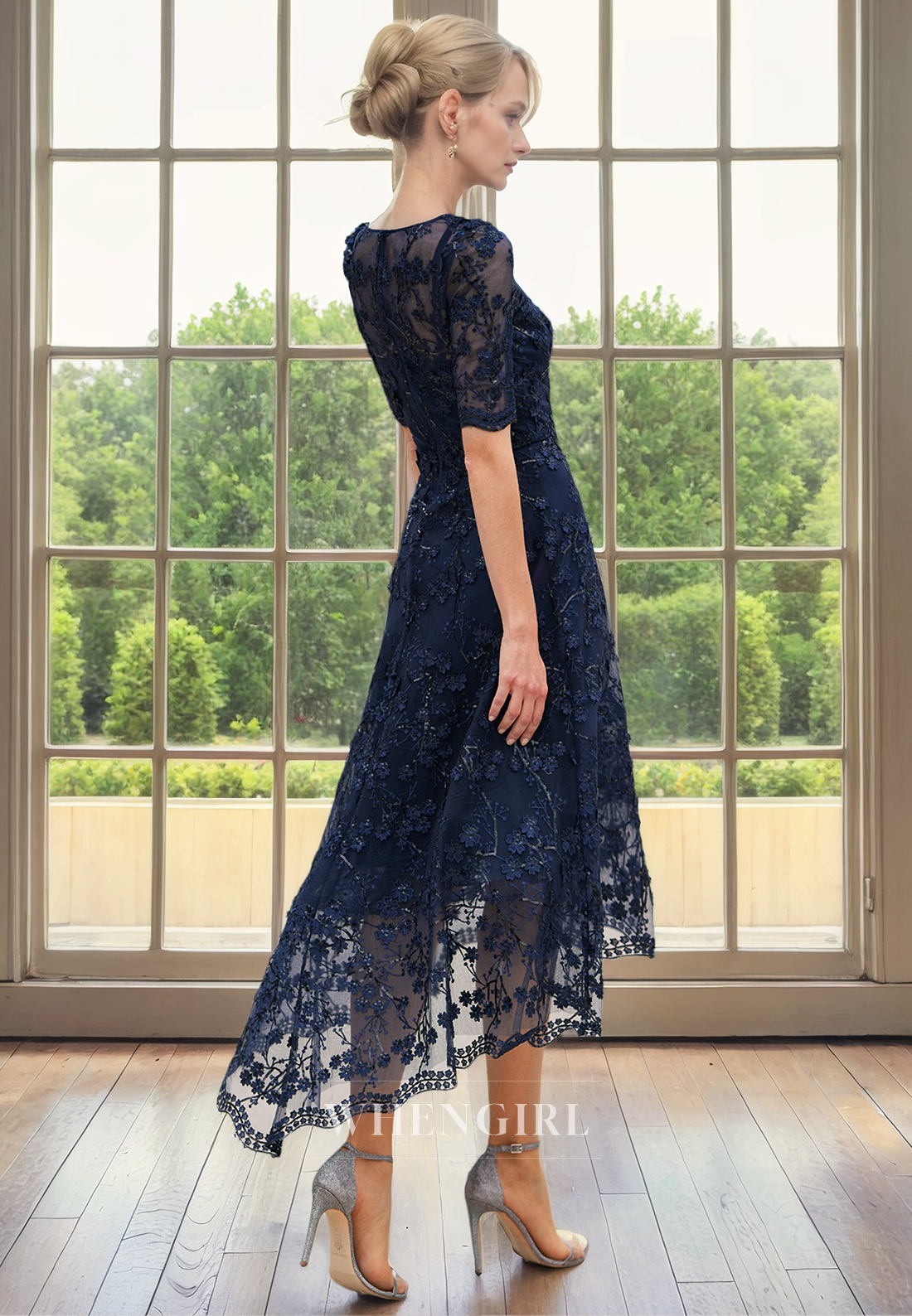 A-Line Scoop Neck Half Sleeves Fully Lace Sequines High Low Mother of Bride Dress