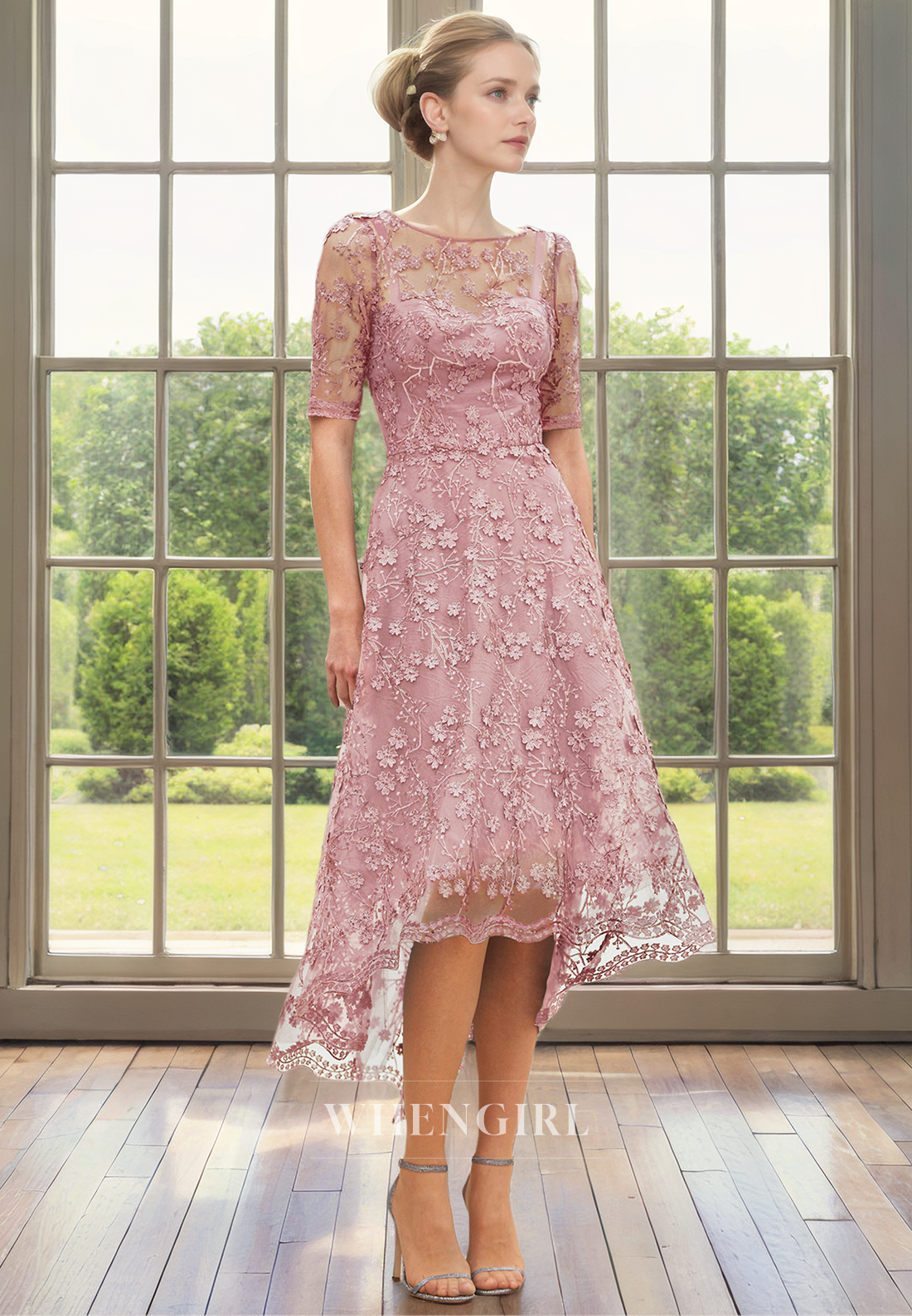 A-Line Scoop Neck Half Sleeves Fully Lace Sequines High Low Mother of Bride Dress