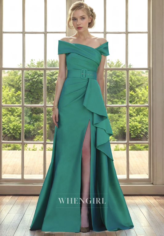 A-Line Off Shoulder Sleeveless Pleated Ruffles Mother of Bride Dress with Slit and Belt