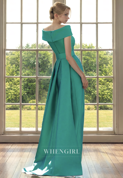 A-Line Off Shoulder Sleeveless Pleated Ruffles Mother of Bride Dress with Slit and Belt