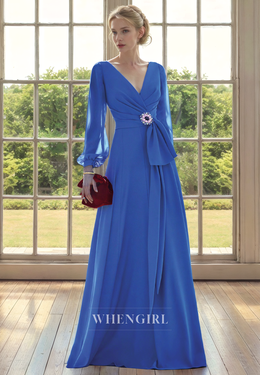A-Line V Neck Long Sleeves Pleated Back Zipper Buttons Chiffon Mother of Bride Dress with Beaded
