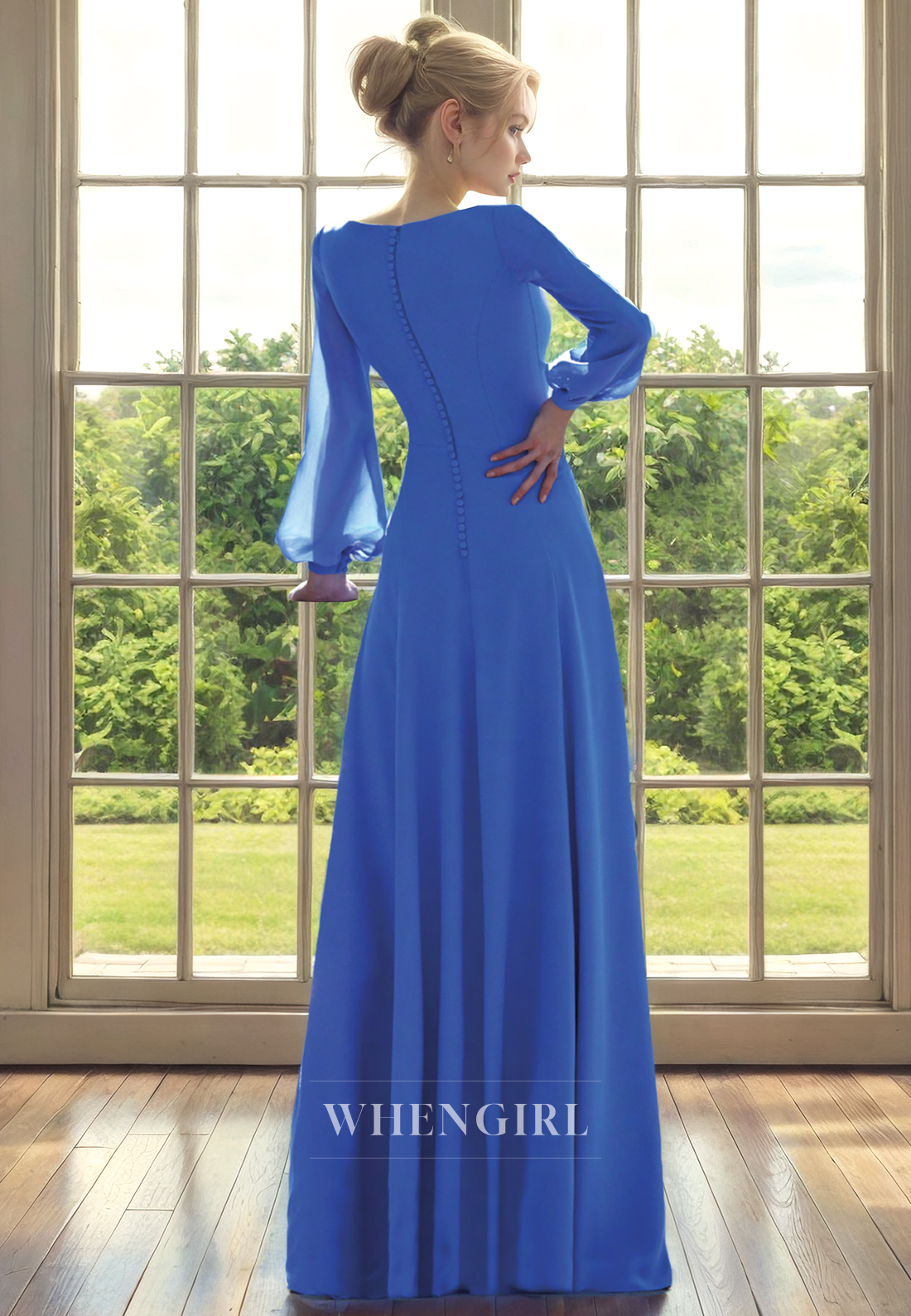 A-Line V Neck Long Sleeves Pleated Back Zipper Buttons Chiffon Mother of Bride Dress with Beaded