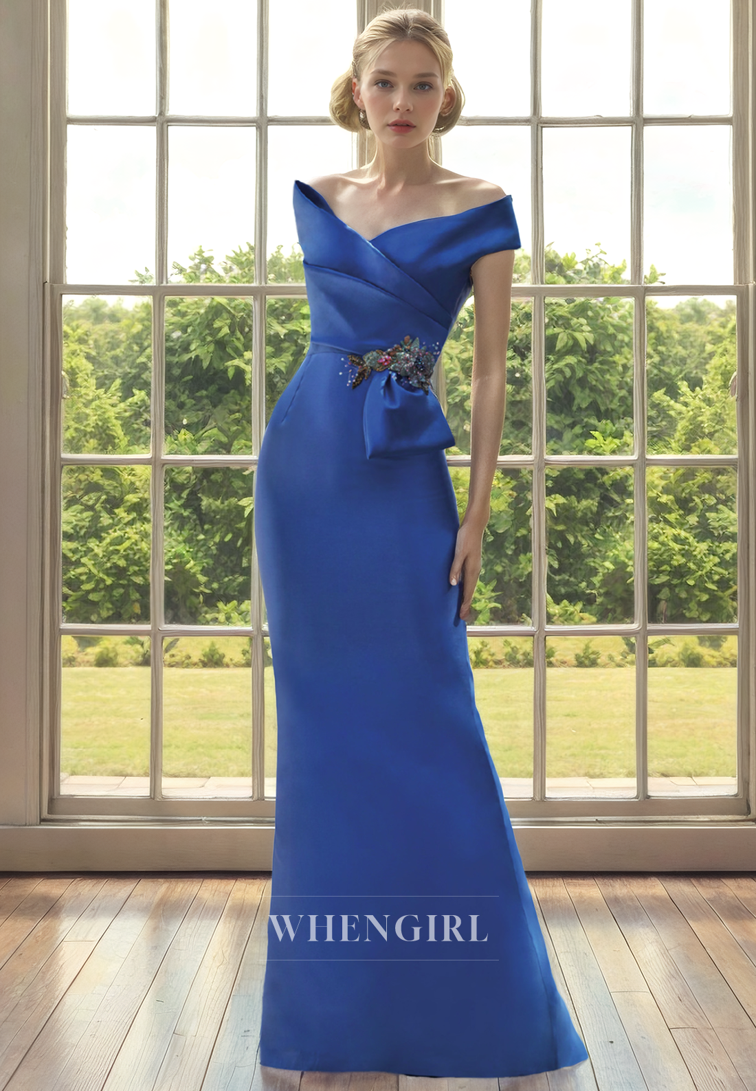 Sheath Off Shoulder Sleeveless Pleated Beaded Back Zipper Buttons Mother of Bride Dress