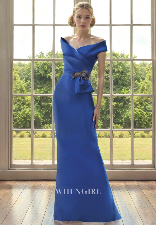 Sheath Off Shoulder Sleeveless Pleated Beaded Back Zipper Buttons Mother of Bride Dress