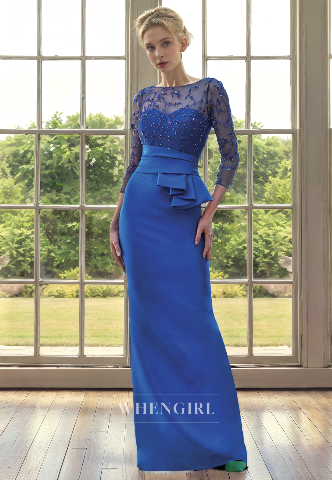 Sheath Scoop Neck 34 Length Tulle Sleeves Pleated Back Zipper Buttons Mother of Bride Dress
