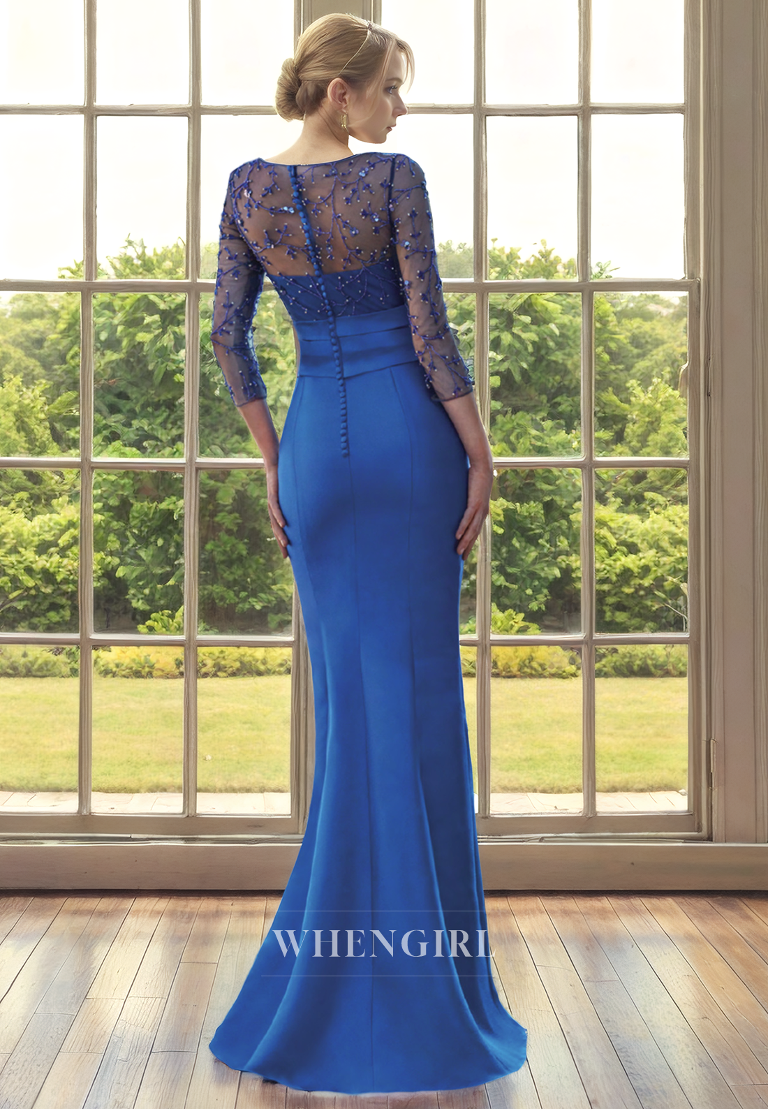 Sheath Scoop Neck 34 Length Tulle Sleeves Pleated Back Zipper Buttons Mother of Bride Dress