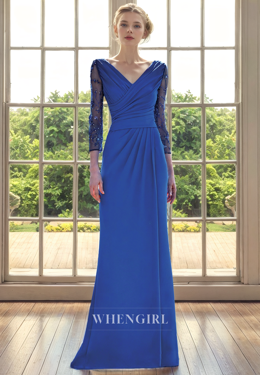 Sheath V Neck 34 Length Sleeves Pleated Back Zipper Buttons Mother of Bride Dress