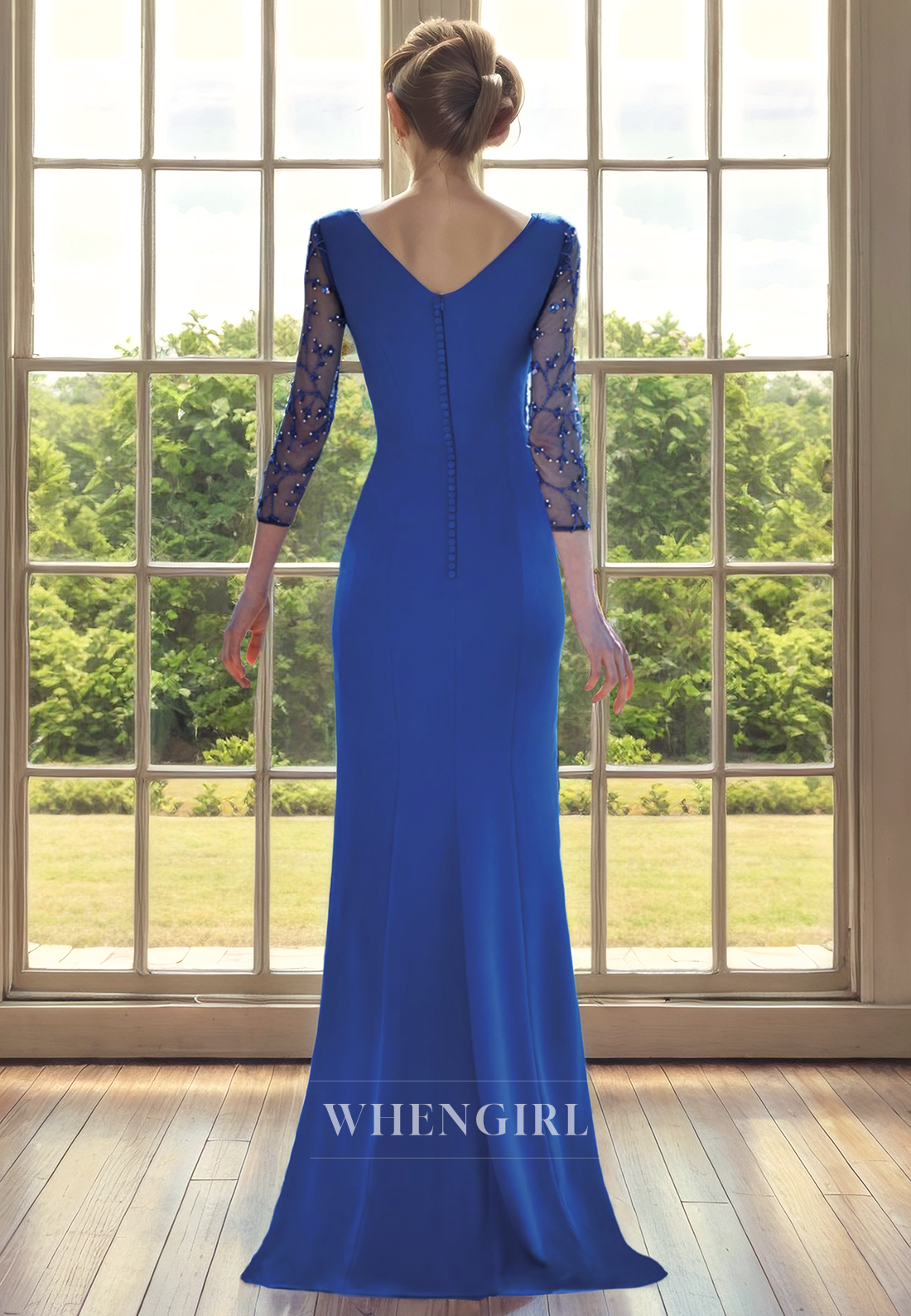 Sheath V Neck 34 Length Sleeves Pleated Back Zipper Buttons Mother of Bride Dress