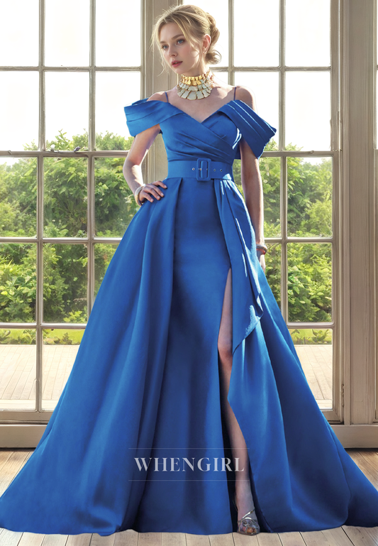 A-Line Off Shoulder Straps Sleeveles Pleated Back Zipper Buttons Mother of Bride Drses with Belt