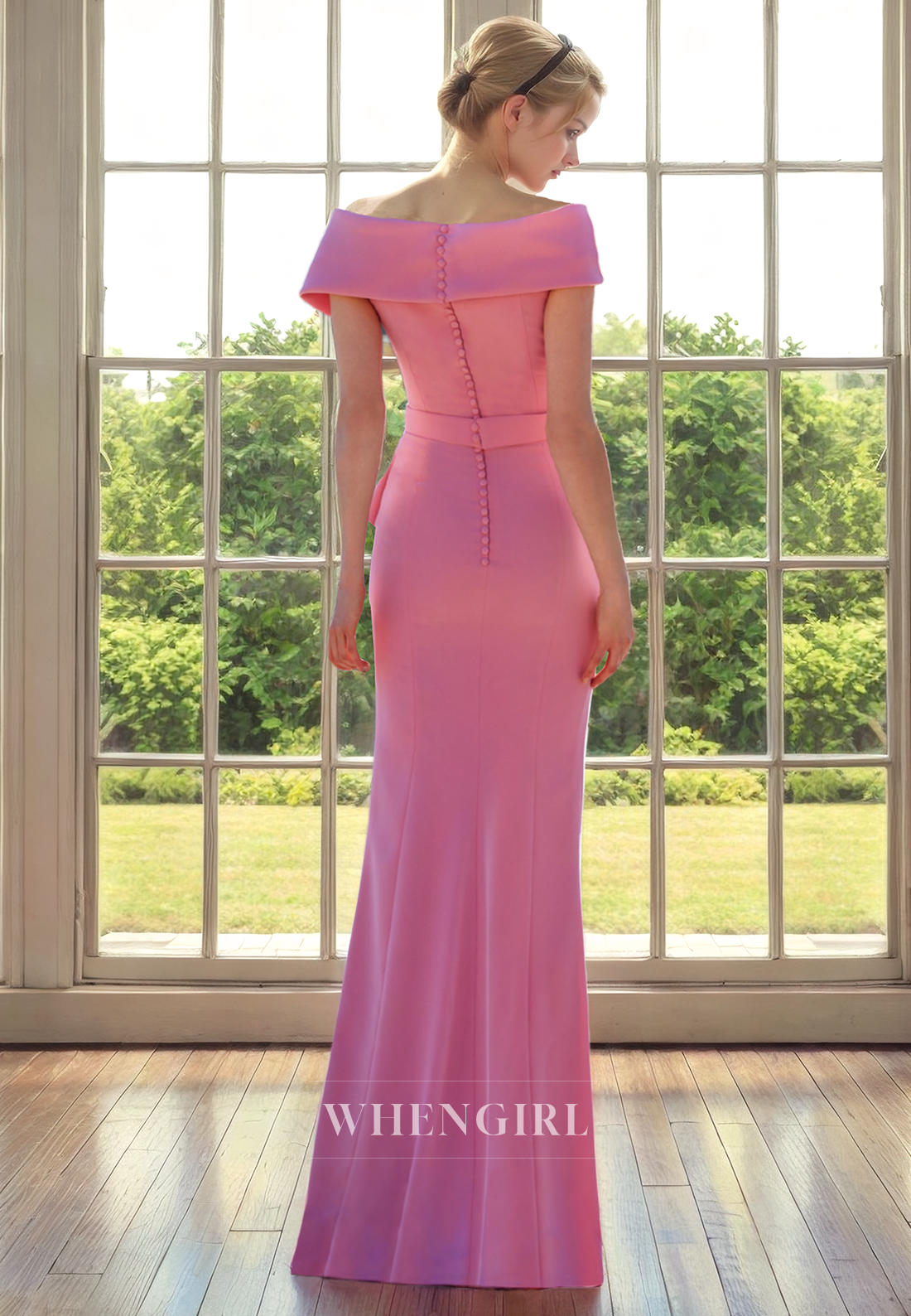 Sheath Off Shoulder Sleeves Pleated Ruffles Back Zipper Buttons Mother of Bride Dress