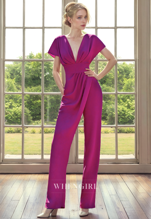 Jumpsuit V Neck Short Sleeves Pleated Back Zipper Buttons Mother of Bride Dress