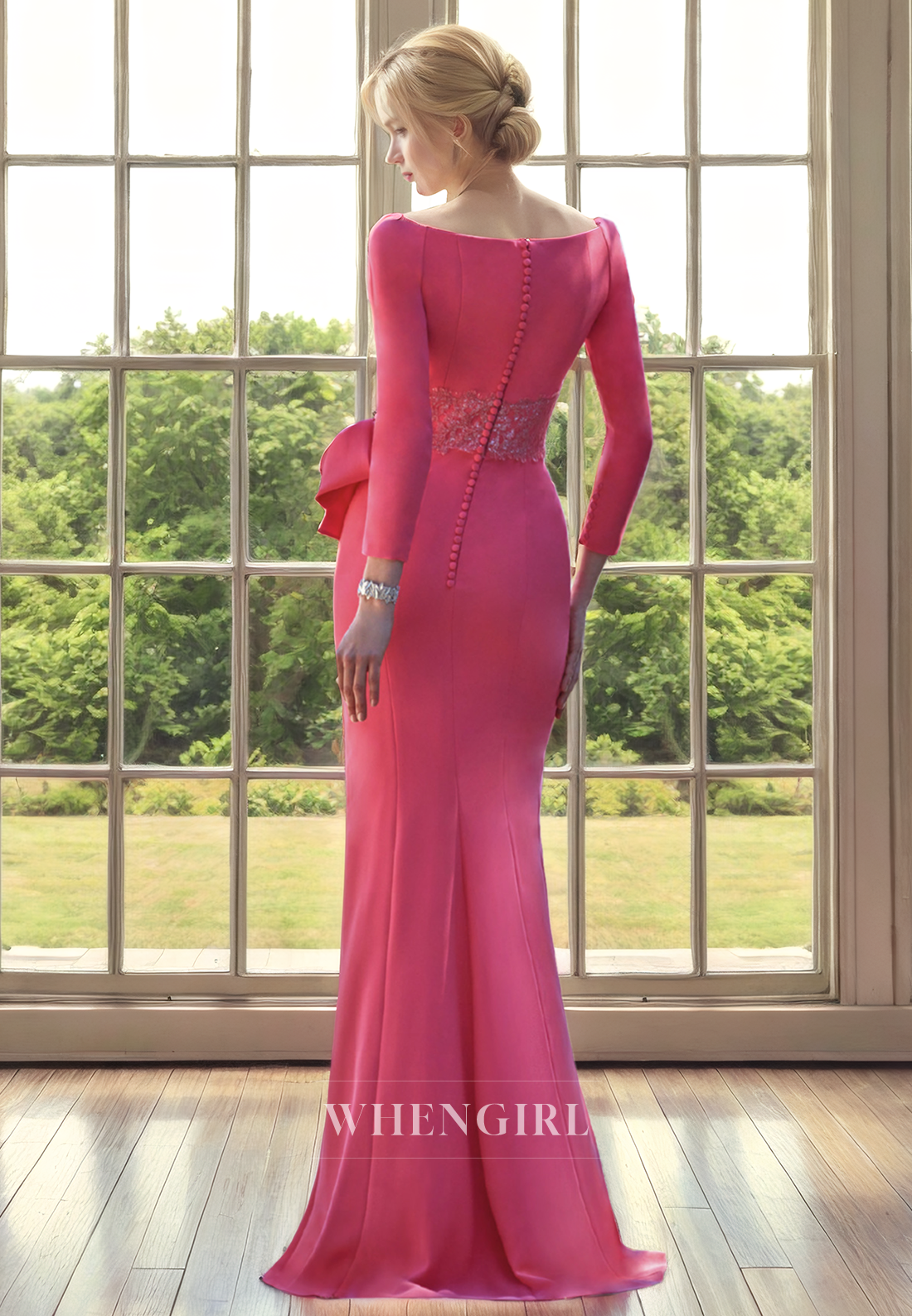 Sheath Scoop Neck Long Sleeves Beaded Ruffles Mother of Bride Dress with Bow Knot