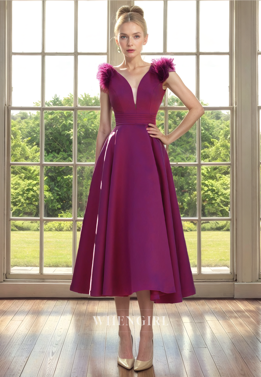 A-Line V Neck Sleeveless Pleated Back Zipper Satin Mother of Bride Dress