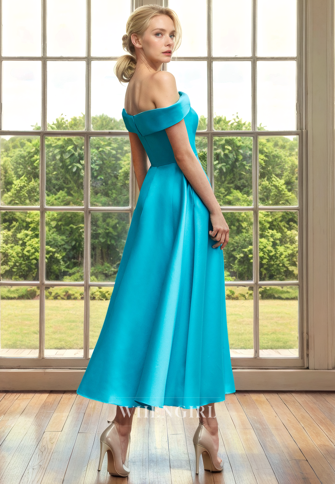 A-Line Off Shoulder Sleeveless Tea Length Satin Mother of Bride Dress