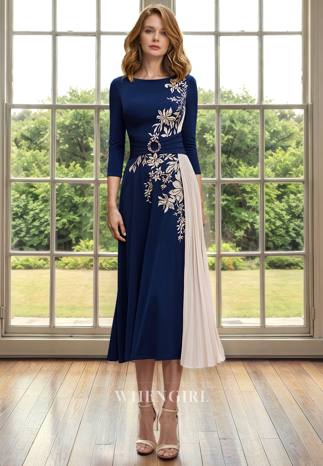 A-Line Scoop Neck 34 Length Sleeves Pleated Appliques Back Zipper Tea Length Mother of Bride Dress