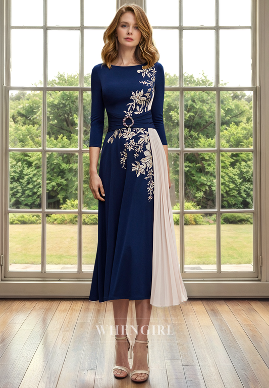 A-Line Scoop Neck 34 Length Sleeves Pleated Appliques Back Zipper Tea Length Mother of Bride Dress