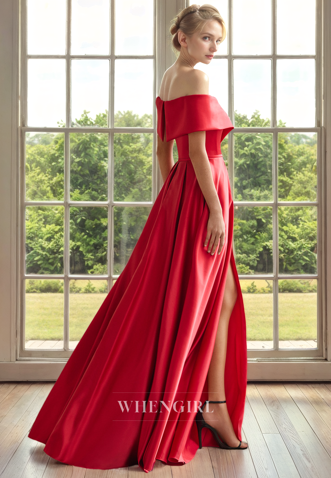 A-Line Off Shoulder Sleeveless Pleated Back Zipper Mother of Bride Dress with Side Slit