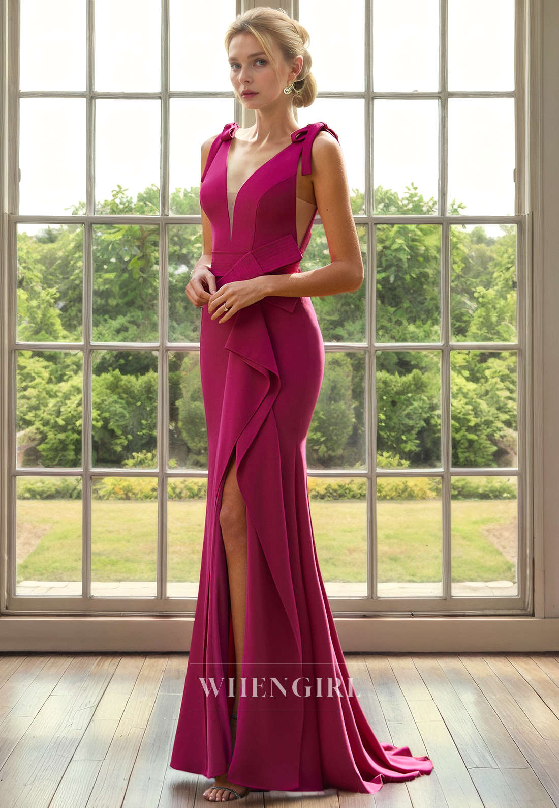 Mermaid V Neck Staps Sleeveless Side Slit Satin Mother of Bride Dress