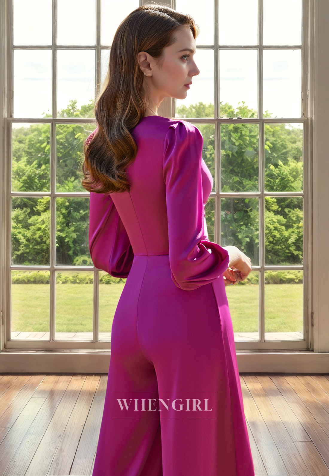 Jumpsuit A-Line V Neck 34 Length Sleeves Pleated Back Zipper Mother of Bride Dress