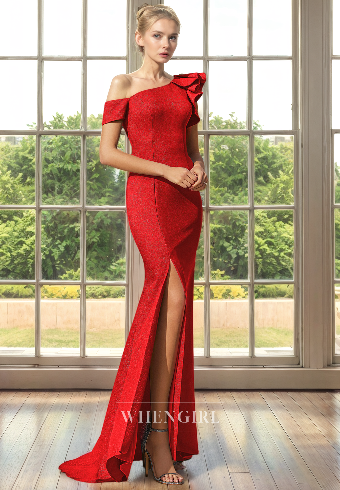 Mermaid One Shoulder Sleeveless Pleated Mother of Bride Dress with Side Slit