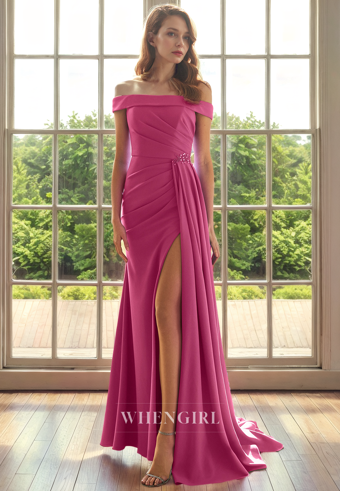 Sheath Off Shoudler Sleeveless Pleated Beaded Mother of Bride Dress with High Side Slit ande Train