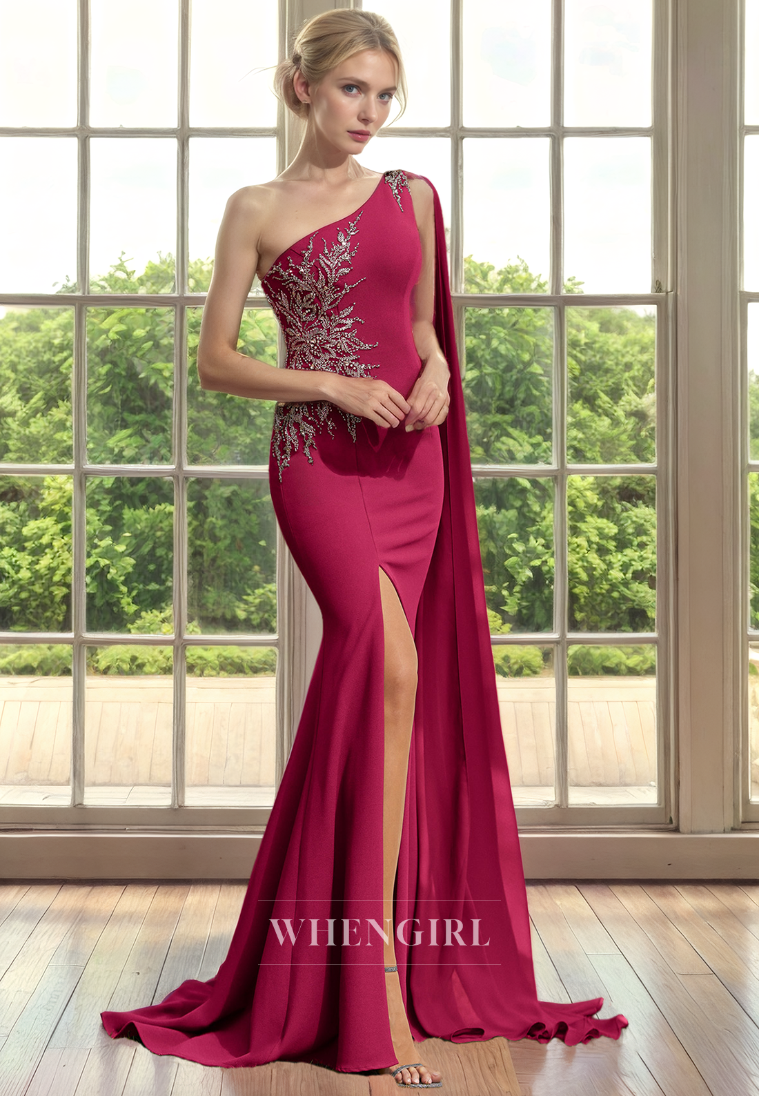 Mermaid One Shoulder Sleeveless Beaded Pleayed Mother of Bride Dress with Side Slit