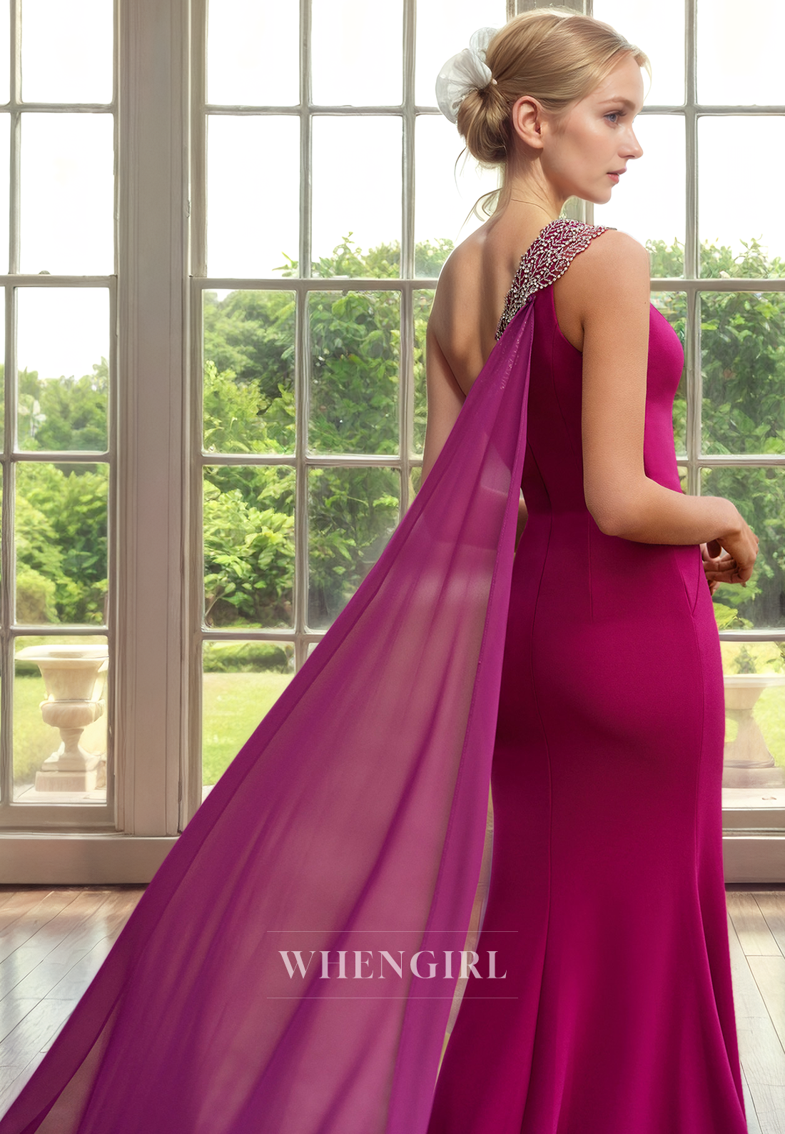 Sheath One Shoulder Sleeveless Beaded Back Zipper Mother of Bride Dress with Side Slit