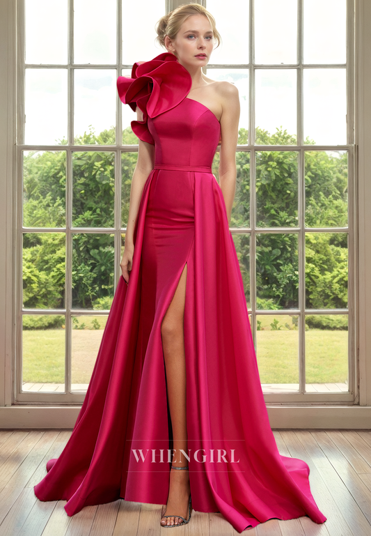 Sheath One Shoulder Sleeveless Ruffles Satin Mother of Bride Dress with Side Slit and Detachable Train