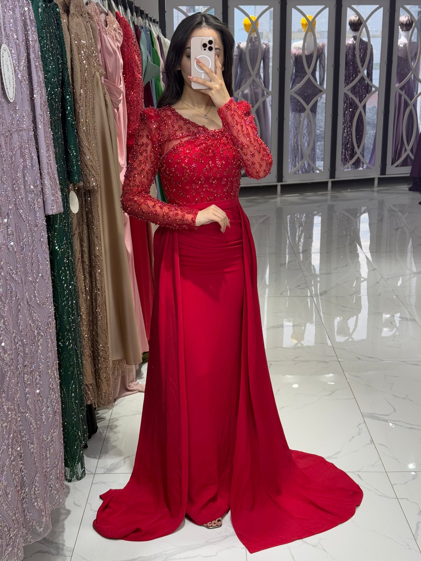 Sheath Long Sleeves Beaded Evening Dress with Train