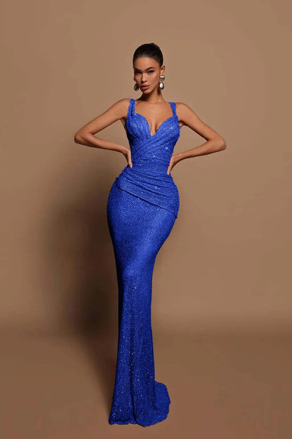 Sexy Pink Long Sequins Prom Dress V Neck Mermaid Sleeveless
