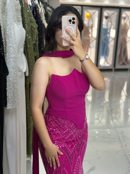 Fuchsia Asymmetrical Neck Sheath Sleeveless Evening Dress with Scarf