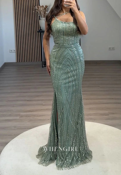 Asymmetrical Neck Sleeveless Side Slit Beaded Sheath Evening Formal Dress