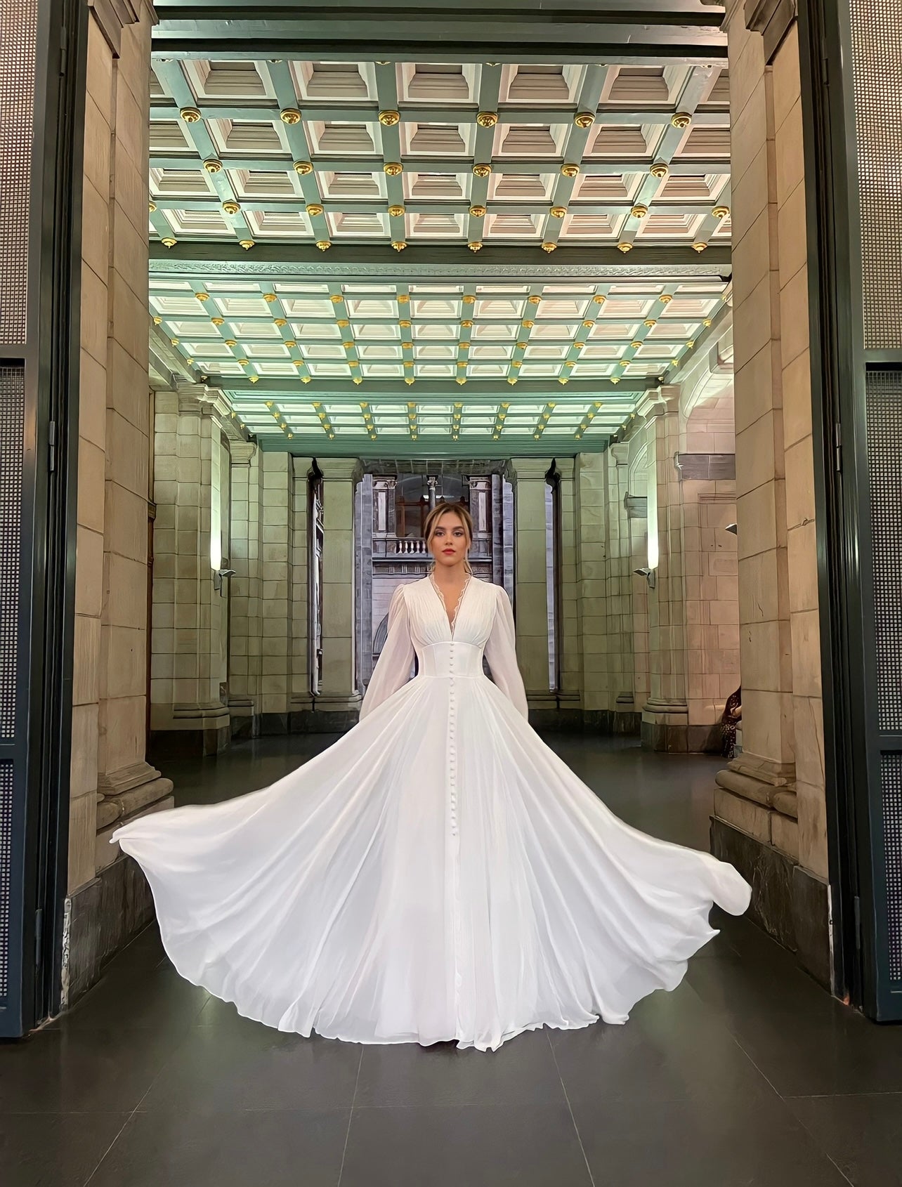 A-Line V Neck Long Sleeves Floor Length Chiffon Wedding Dress