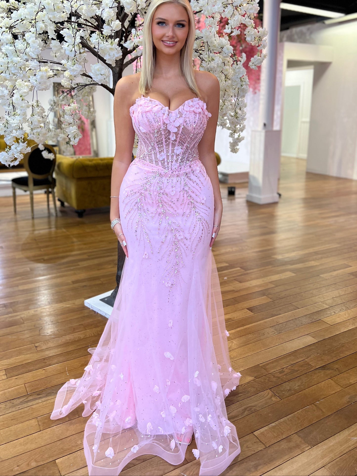 Pink Sweetheart Appliques Mermaid Floor Length Prom Dres