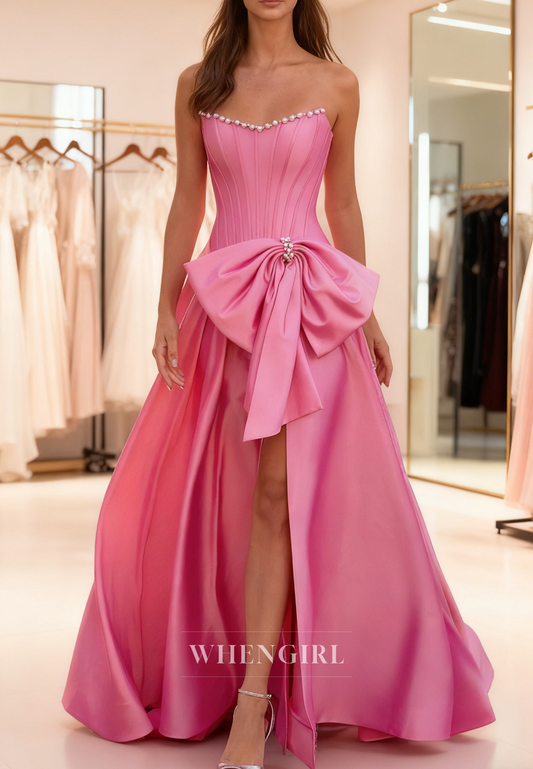 Candy Pink Strapless Beaded Bowknot Side Slit Sweep Train A-Line Prom Dress