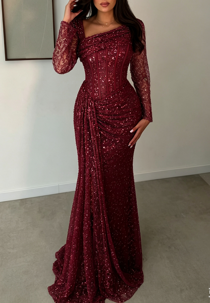 Asymmetrical Corset Beaded Long Sleeve Evening Gown with Slit