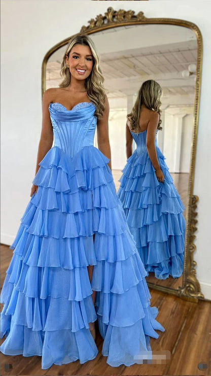 Cute A Line Sweetheart Light Blue Tiered Chiffon Prom Dress with Slit