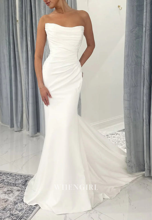 Graceful Mermaid Tube Top Sleeveless Pleated Court Train Wedding Dress
