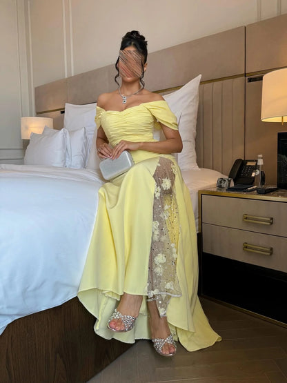 Off-Shoulder Long Sleeves Sheath High Slit Floral Ruched Satin Prom Dress with Beads Party Dress